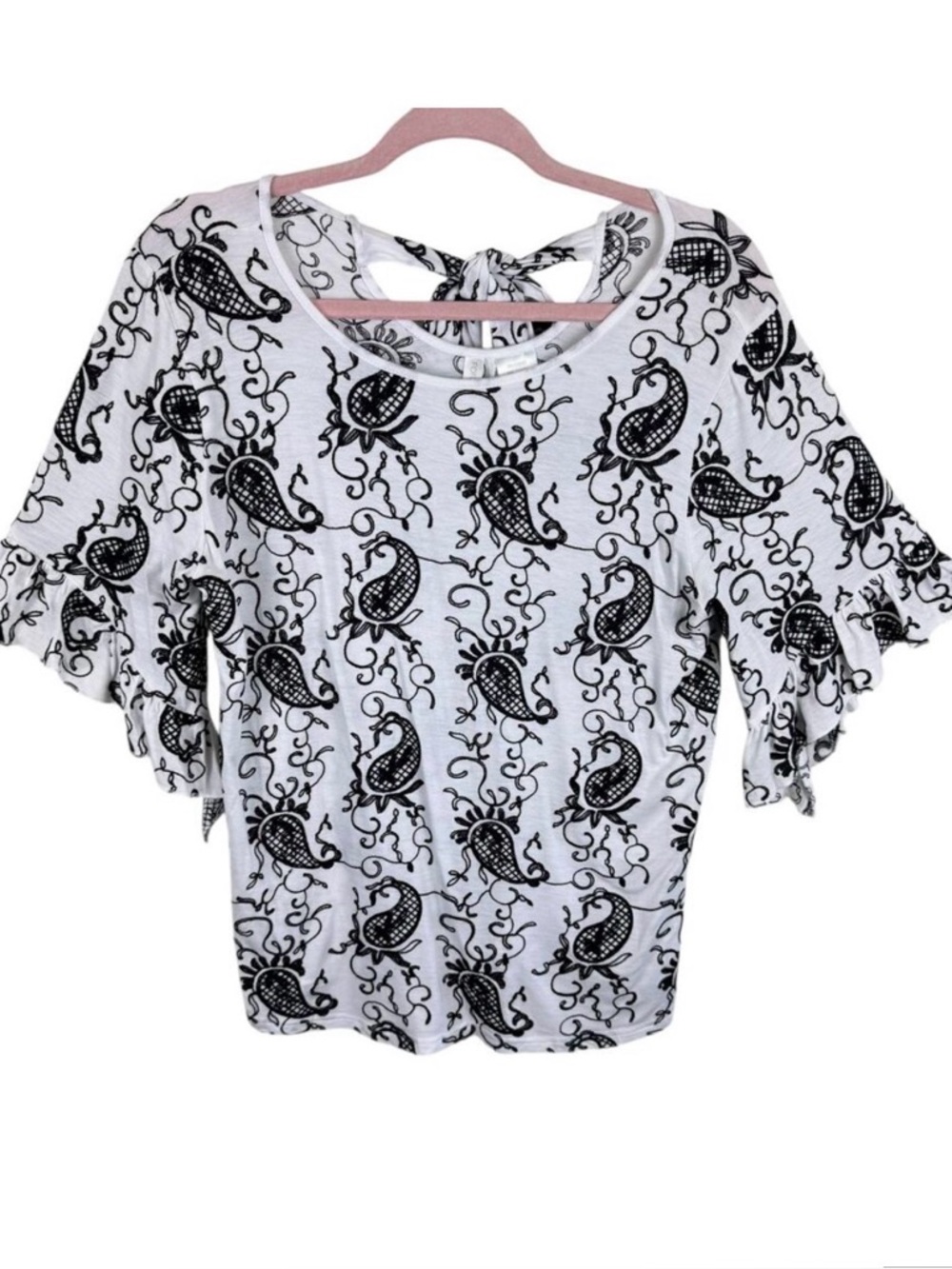 Forgotten Grace White Black Embroidered Paisley 1/2 Ruffled Sleeve Blouse Size L